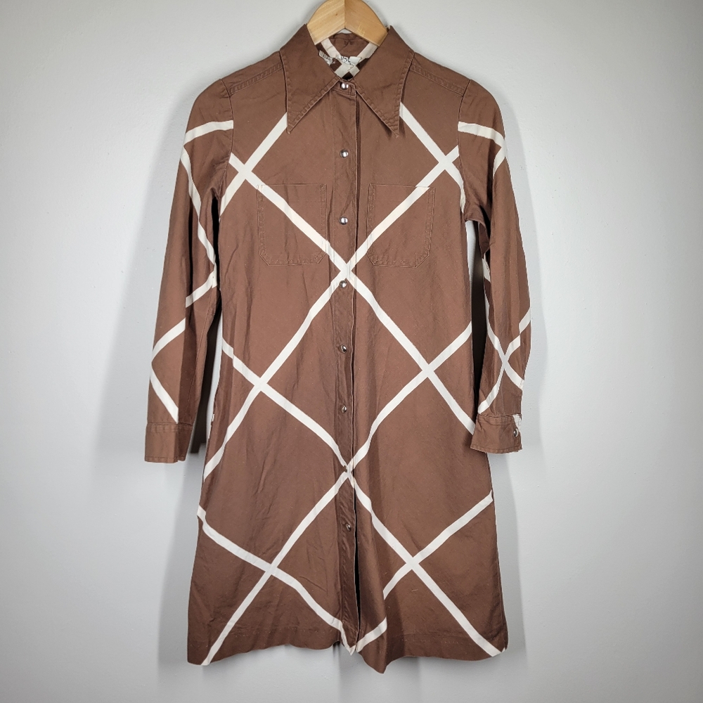 Vintage 70s Vuokko Suomi Brown Cream Diamond Print Snap Button Shirt Dress 38